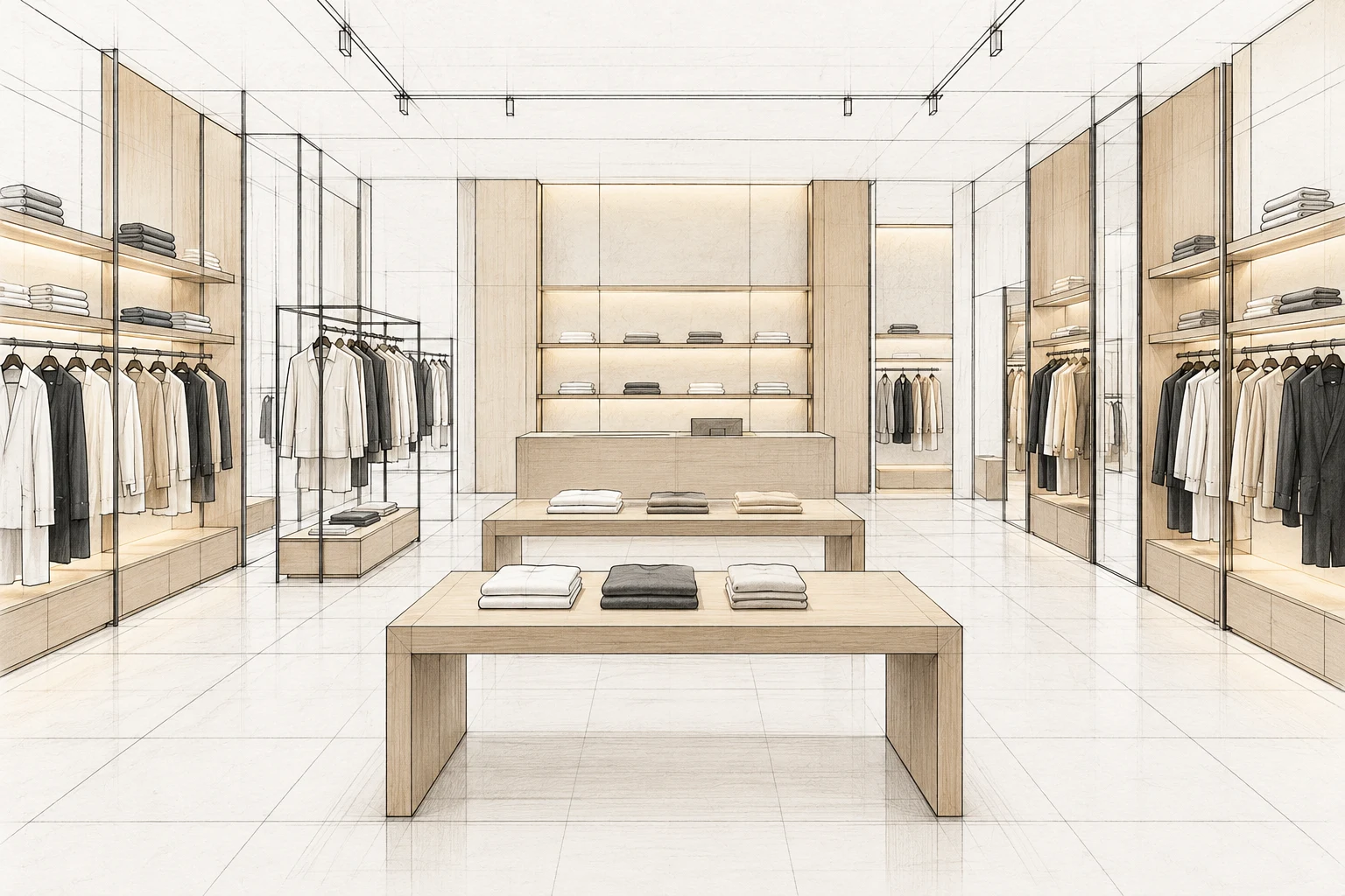 Illustrative CAD-style drawing showing a retail fixture layout with shelving, display tables and garment rails