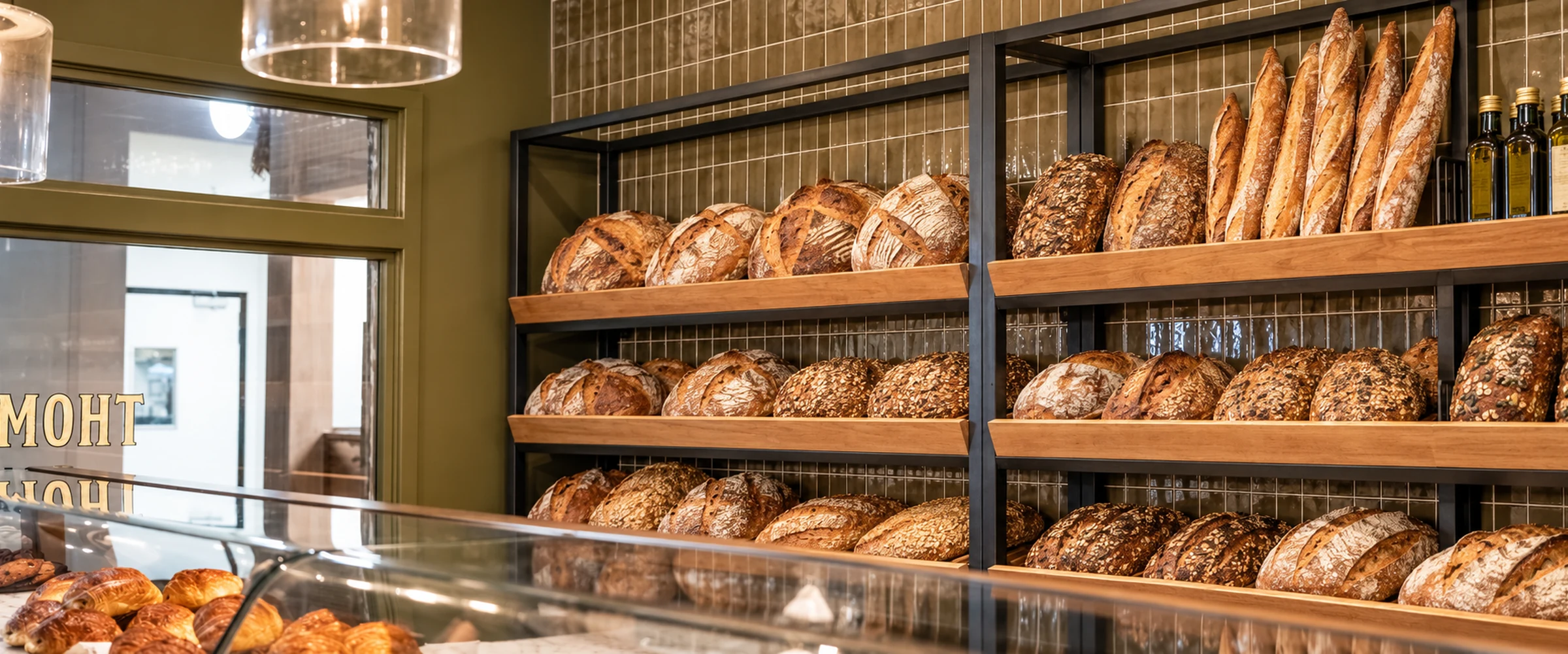Artisan bread on timber and steel bakery shelving