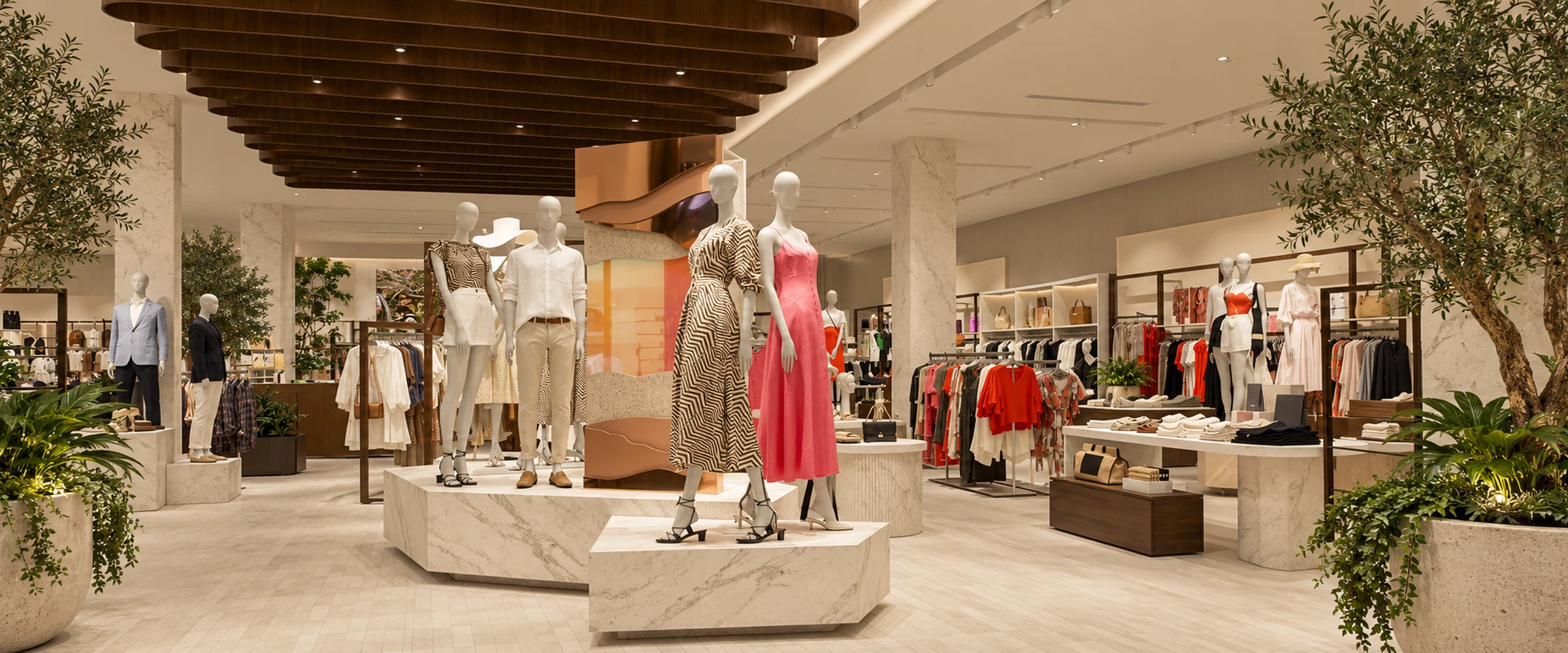Fashion retail interior with marble mannequin plinths