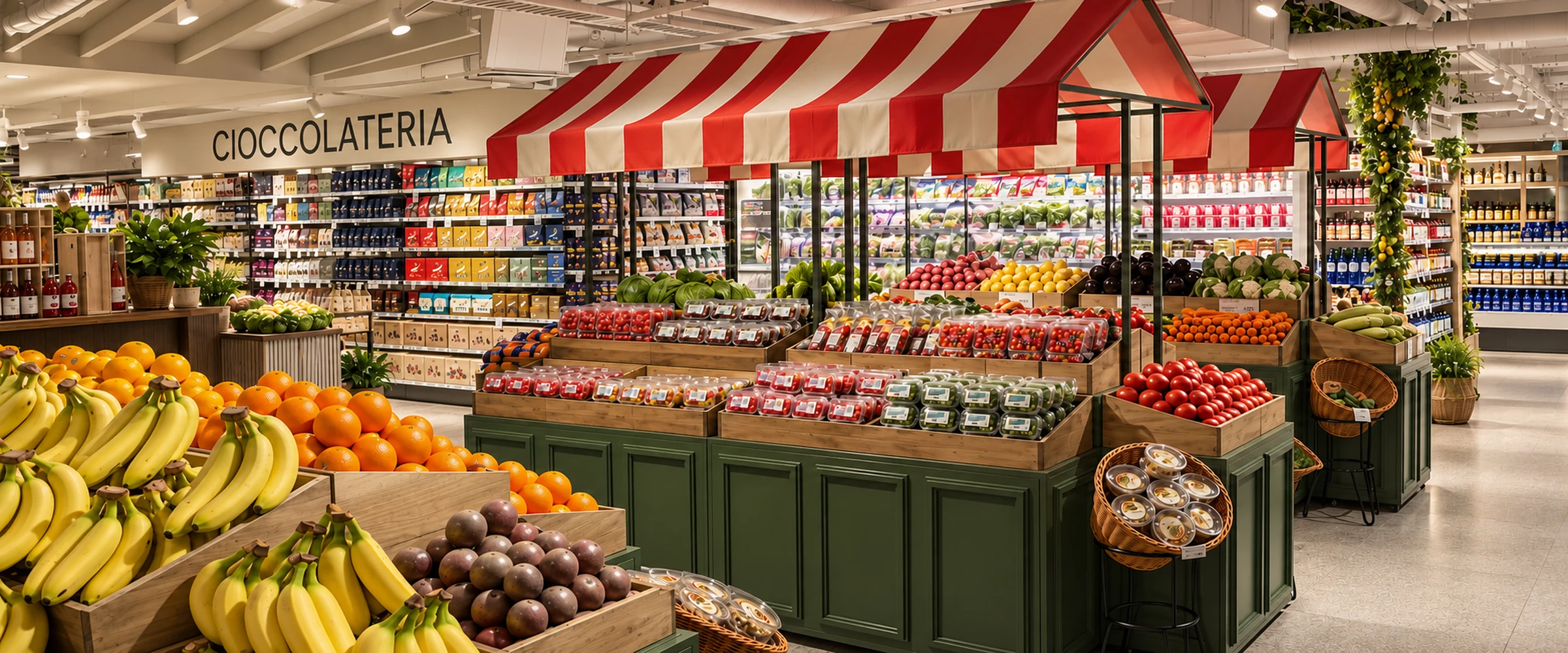 Fresh produce displays with green joinery and striped canopies
